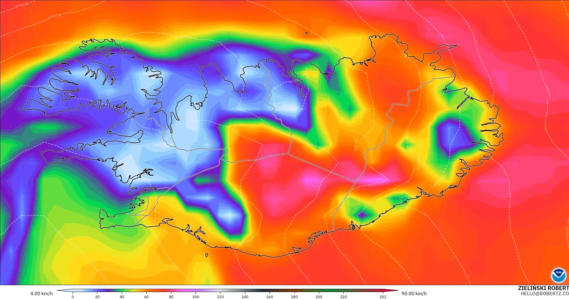 GFS モデル - アイスランド, 突風（最大）