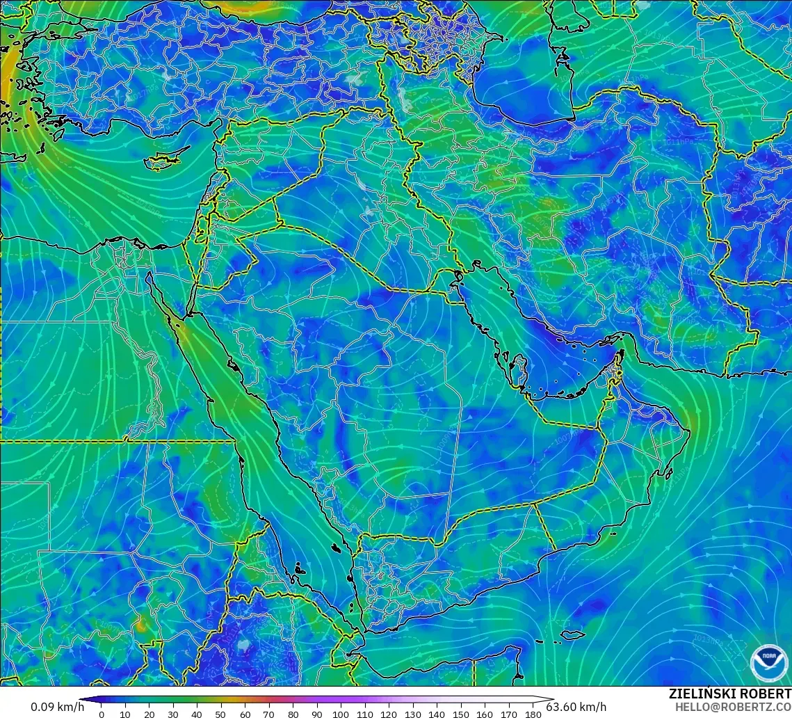 GFS モデル - 中東, 風速（10m）