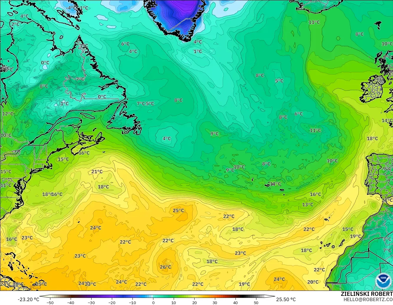 GFS モデル - 北大西洋, 露点温度（2m）