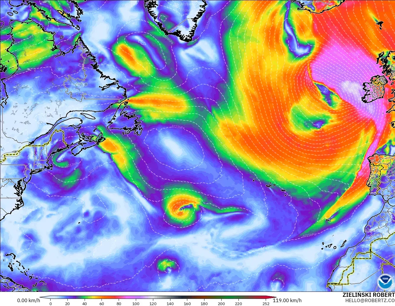 GFS モデル - 北大西洋, 突風