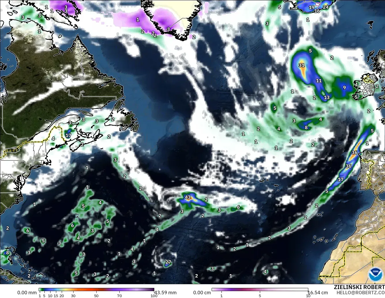 GFS モデル - 北大西洋, 降水量、雲、気圧