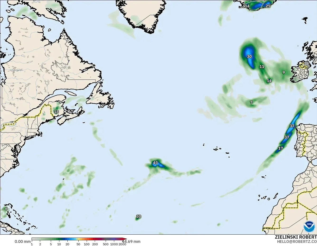GFS モデル - 北大西洋, 降水量の合計