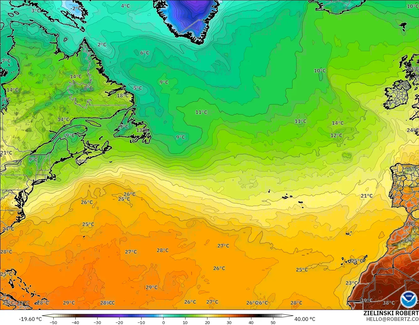 GFS モデル - 北大西洋, 気温（2m）