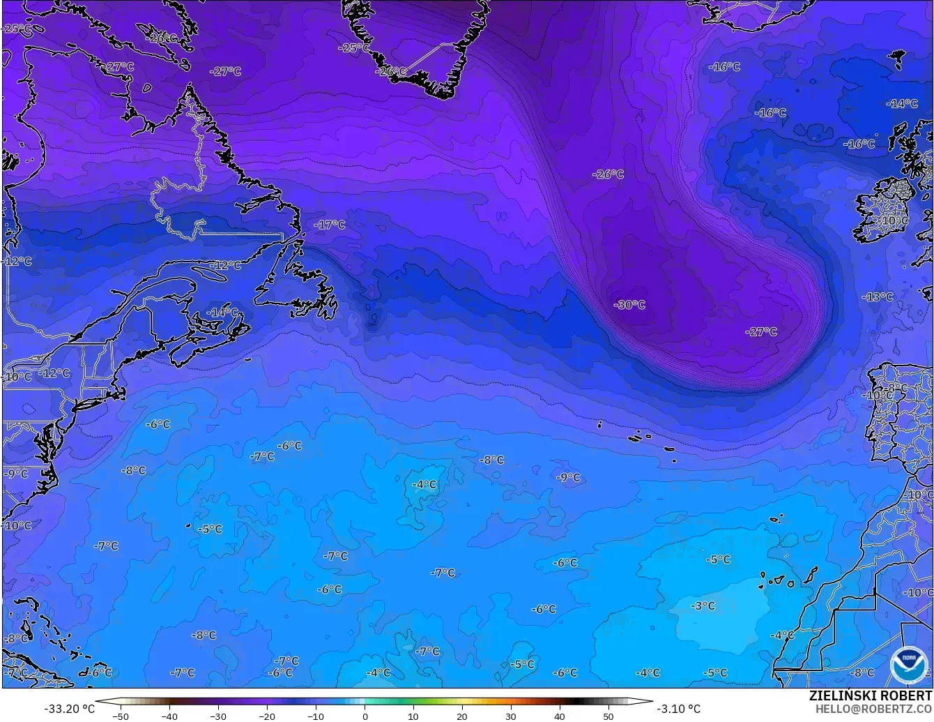 GFS モデル - 北大西洋, 気温（500hPa）