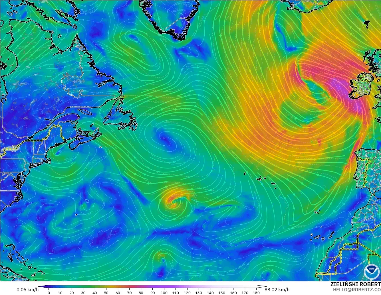 GFS モデル - 北大西洋, 風速（10m）