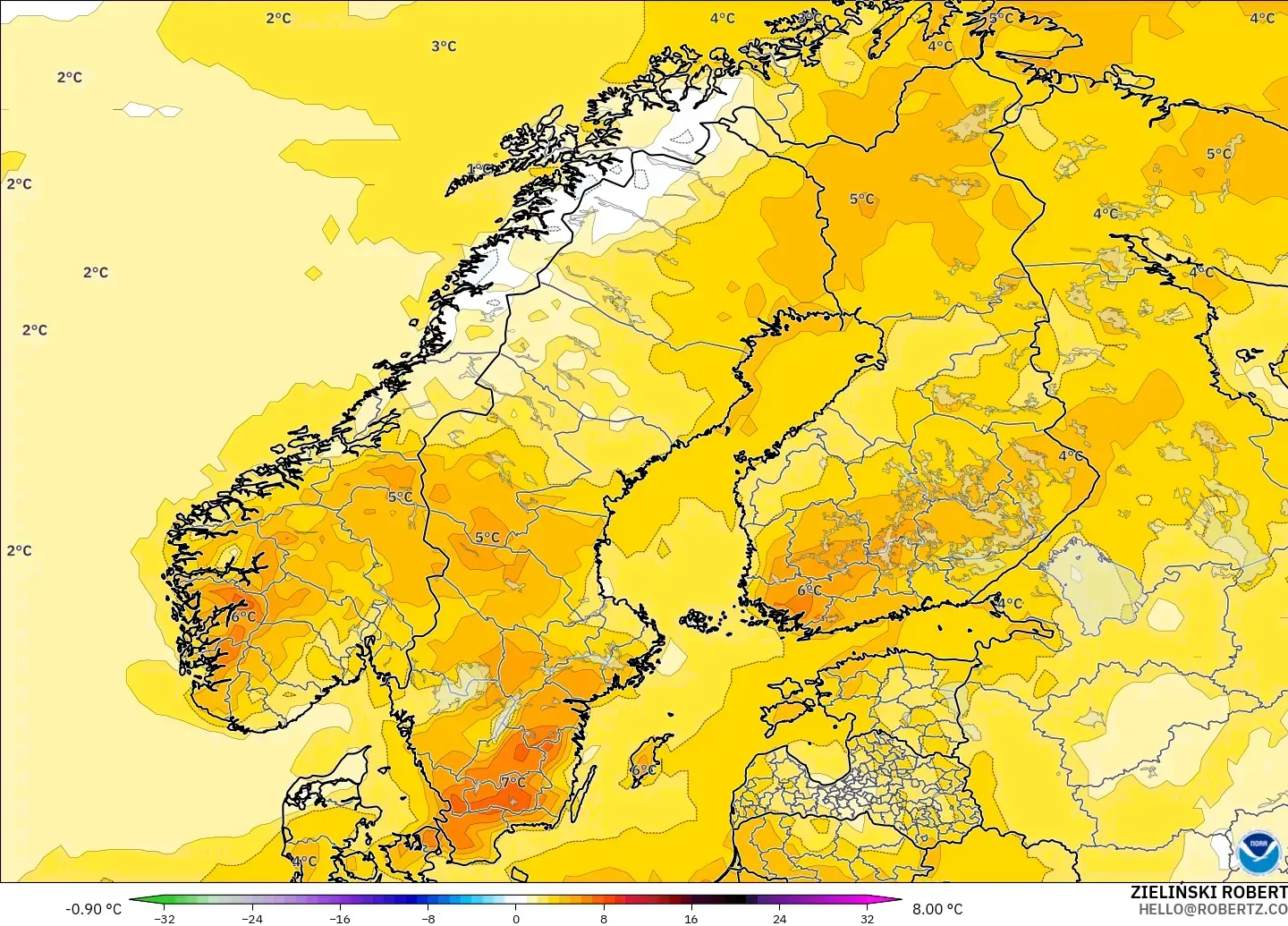 GFS モデル - スカンジナビア, 気温異常（2m）