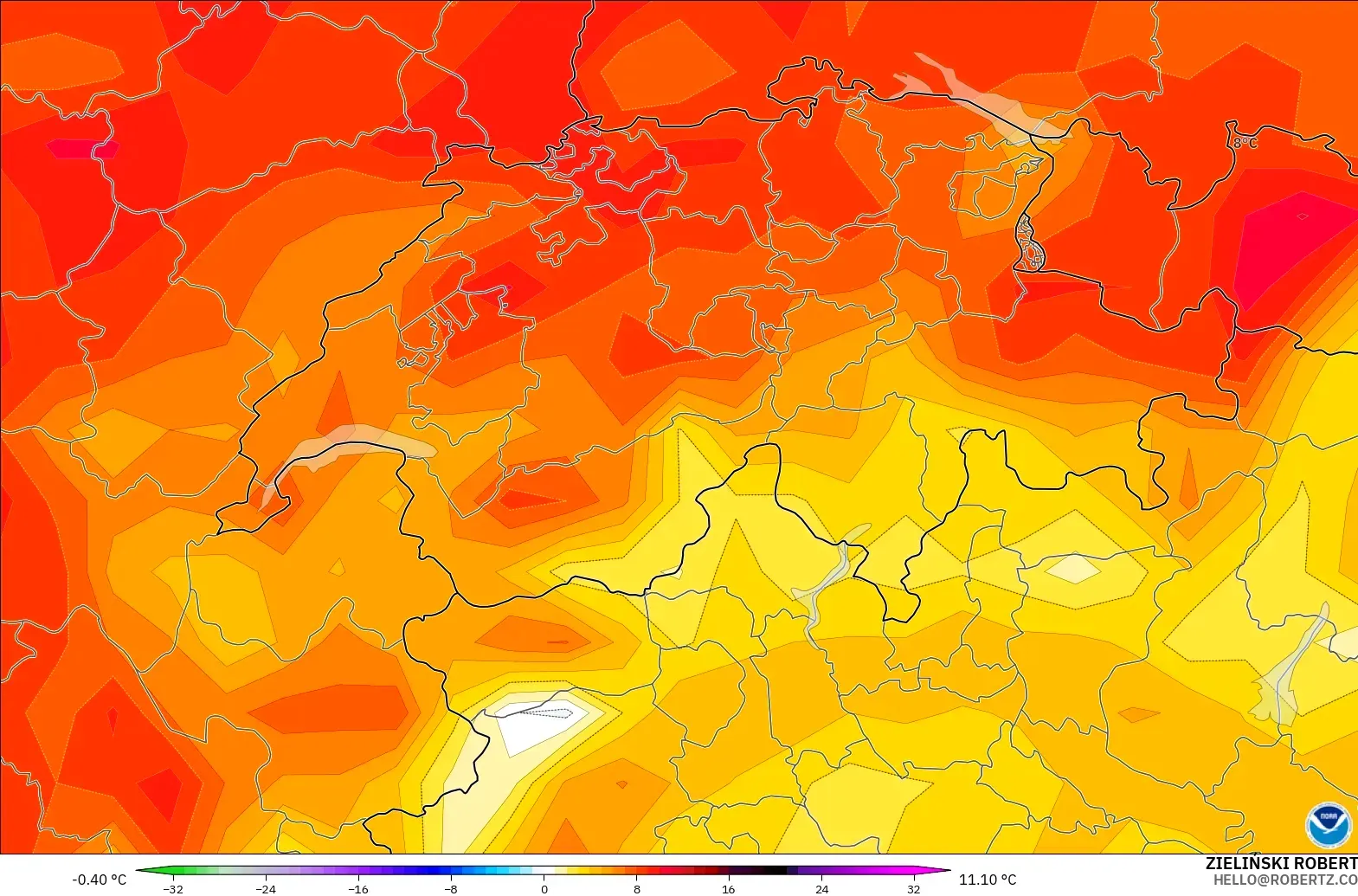 GFS モデル - スイス, 気温異常（2m）