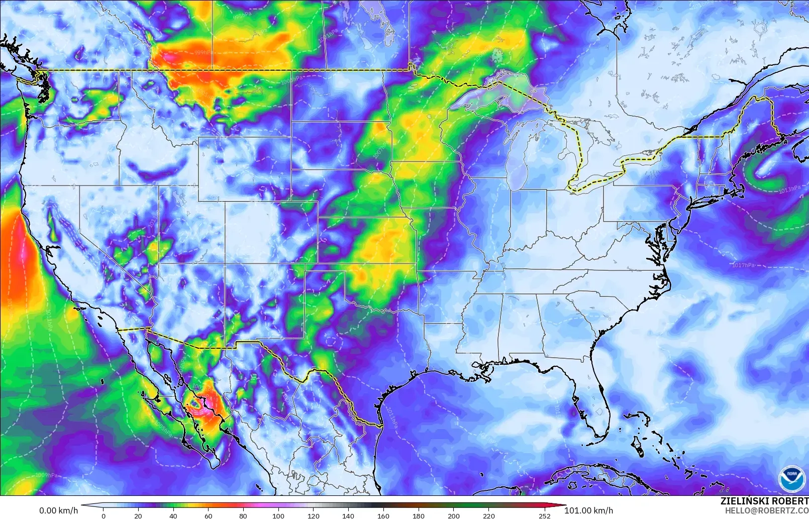 GFS モデル - アメリカ合衆国, 突風（最大）
