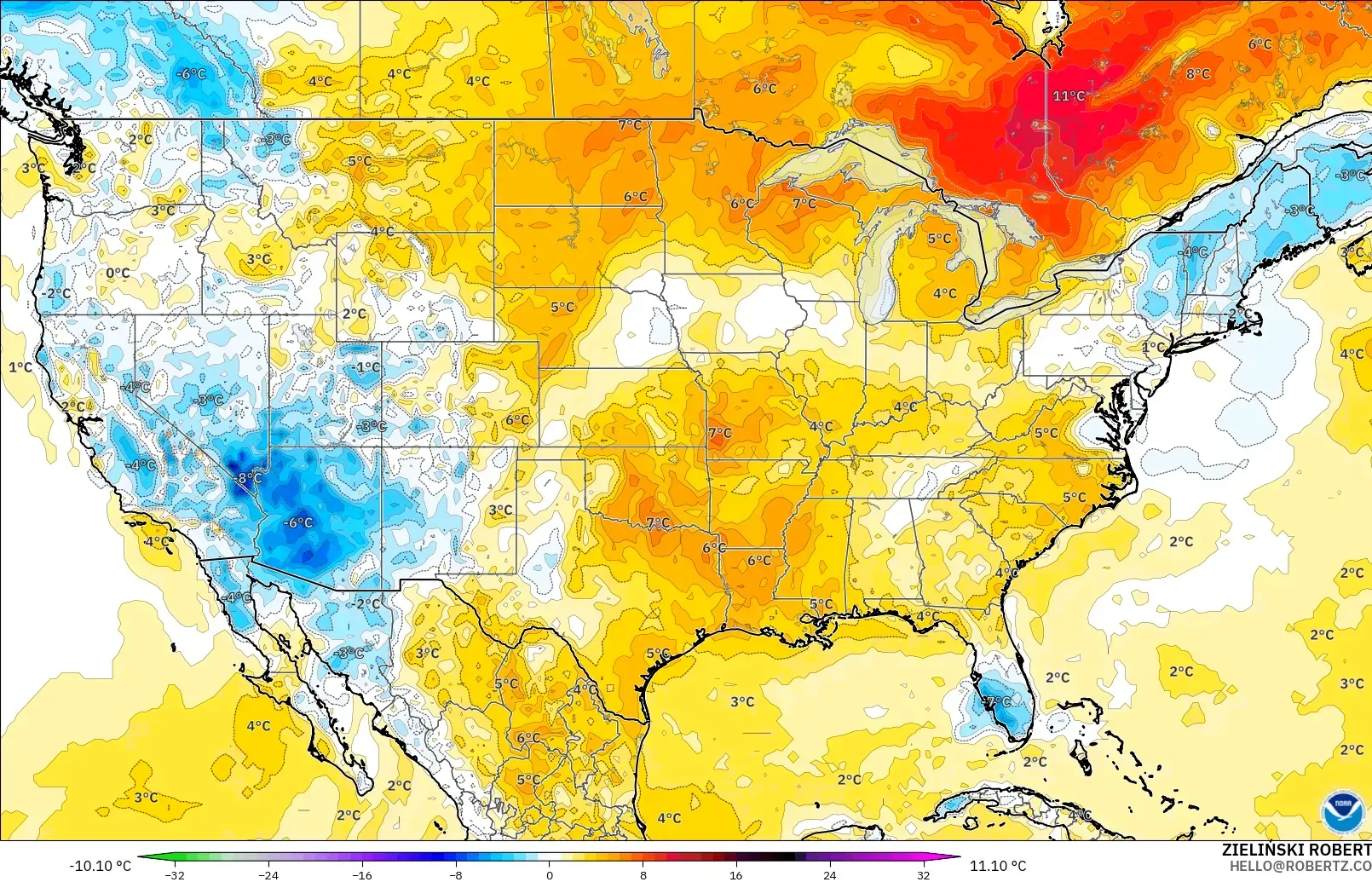 GFS モデル - アメリカ合衆国, 気温異常（2m）