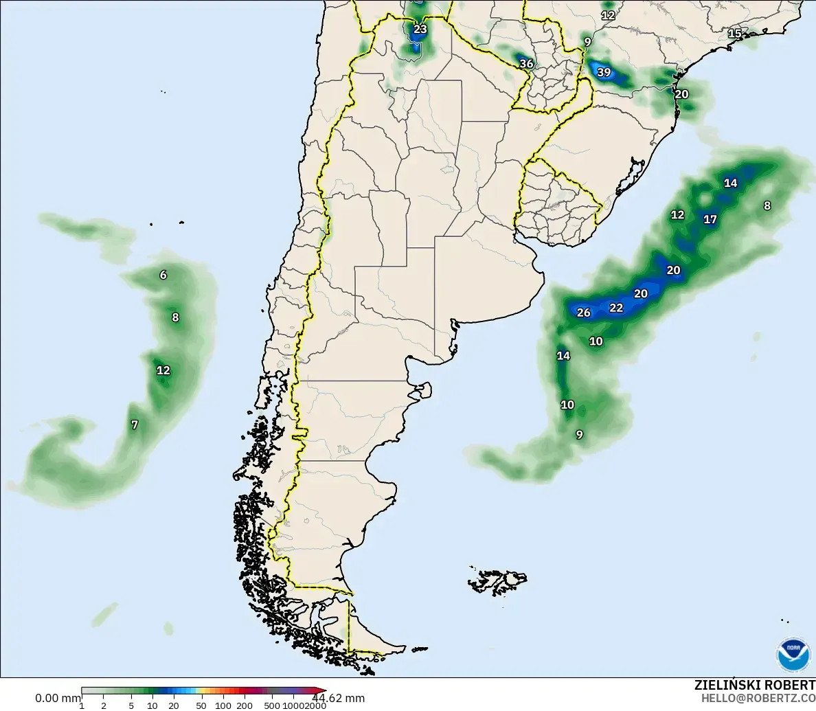 GFS モデル - アルゼンチン, 降水量の合計