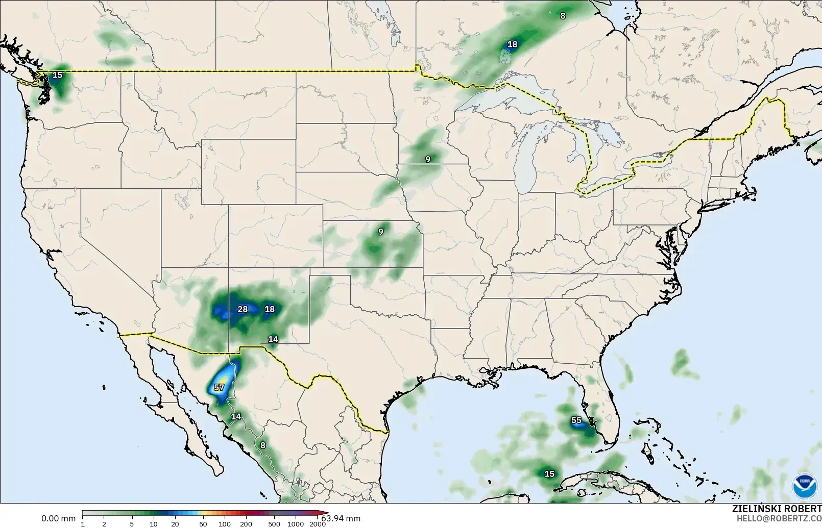 GFS モデル - アメリカ合衆国, 降水量の合計