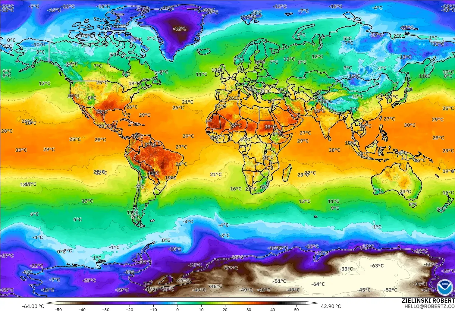 GFS モデル - 世界, 気温（2m）