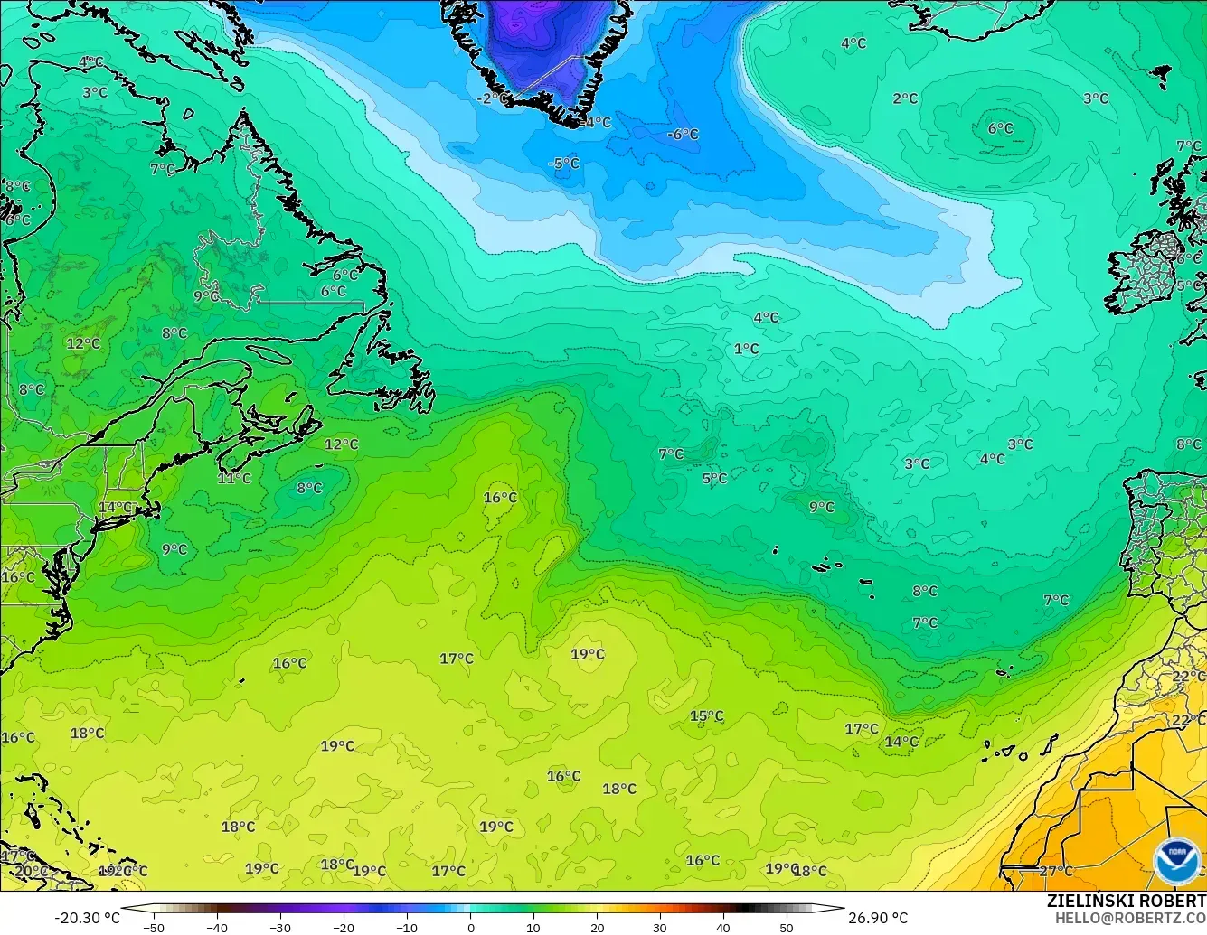 GFS モデル - 北大西洋, 気温（850hPa）