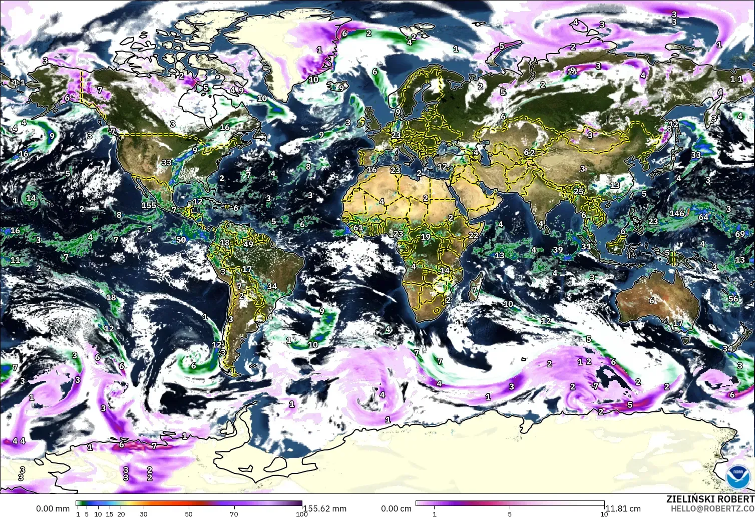 GFS モデル - 世界, 降水量、雲、気圧