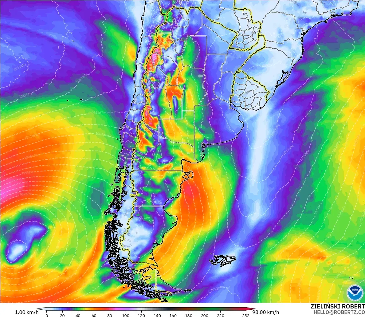 GFS モデル - アルゼンチン, 突風（最大）