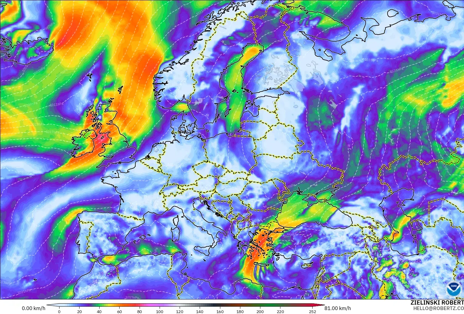 GFS モデル - ヨーロッパ, 突風（最大）