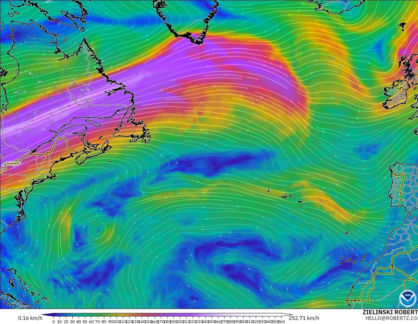 GFS モデル - 北大西洋, 風速（300hPa）