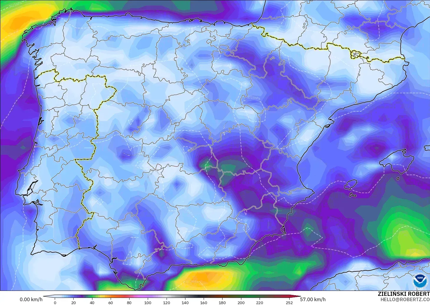 GFS モデル - スペイン, 突風（最大）