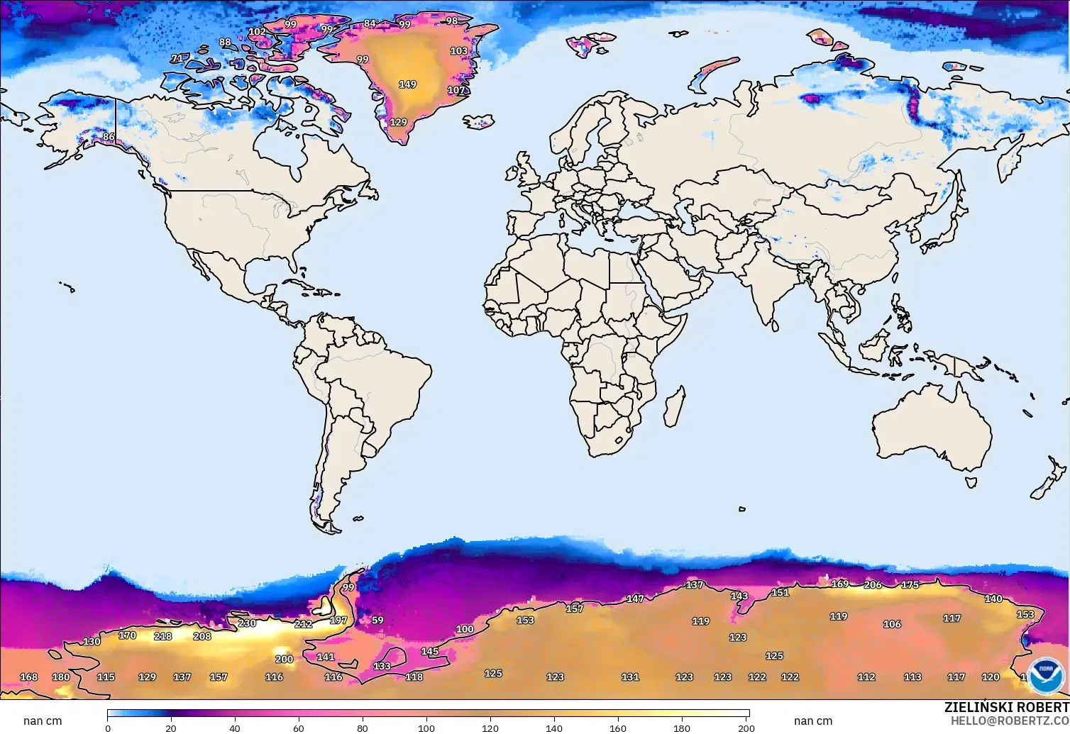 GFS モデル - 世界, 積雪深
