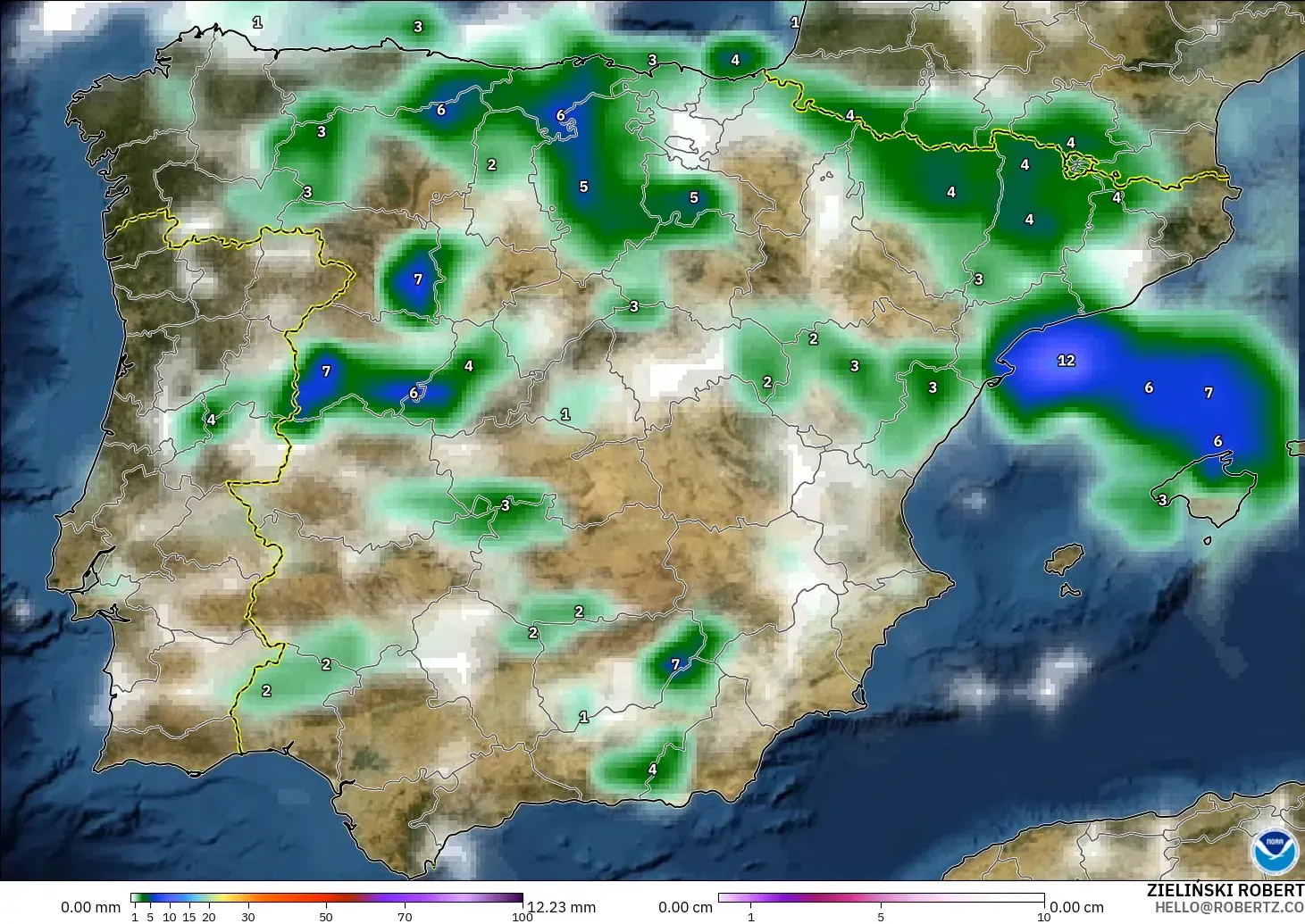 GFS モデル - スペイン, 降水量、雲、気圧