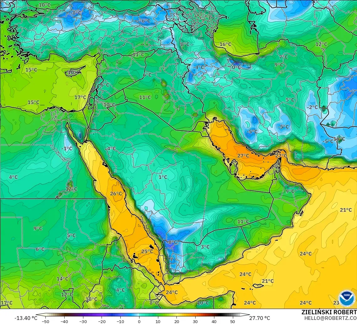 GFS モデル - 中東, 露点温度（2m）