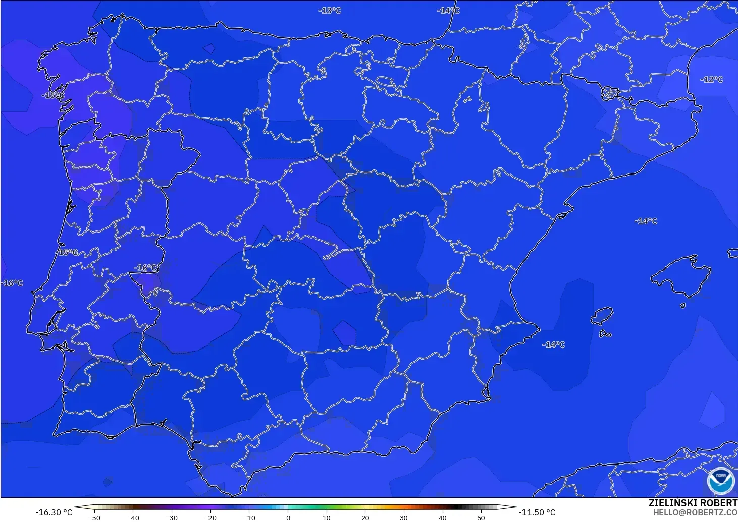 GFS モデル - スペイン, 気温（500hPa）