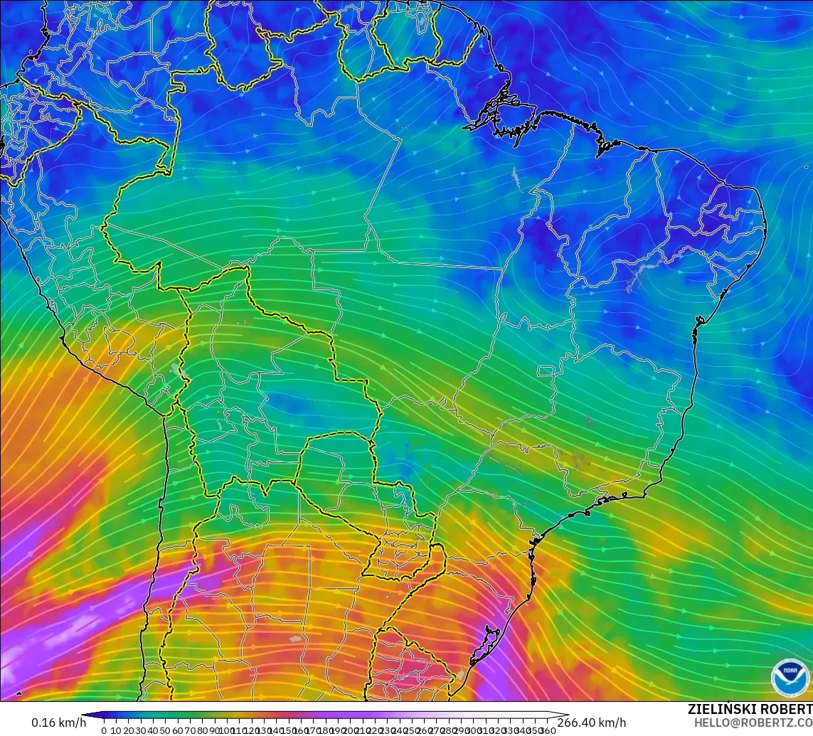 GFS モデル - ブラジル, 風速（300hPa）