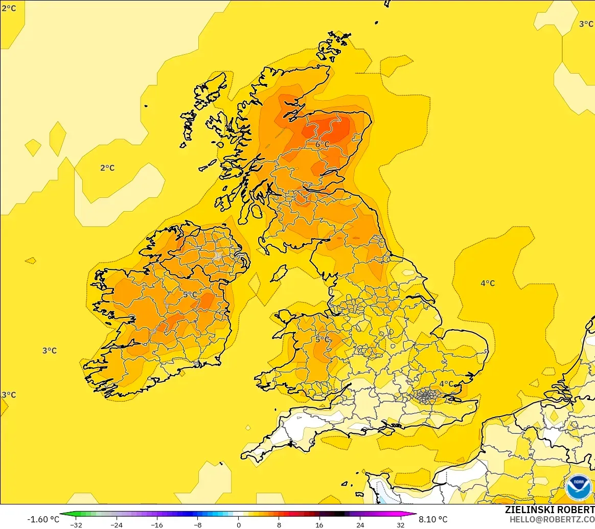 GFS モデル - イギリス, 気温異常（2m）