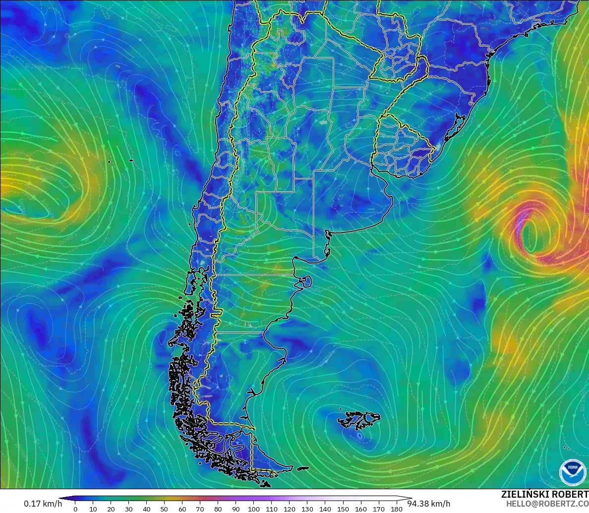 GFS モデル - アルゼンチン, 風速（10m）