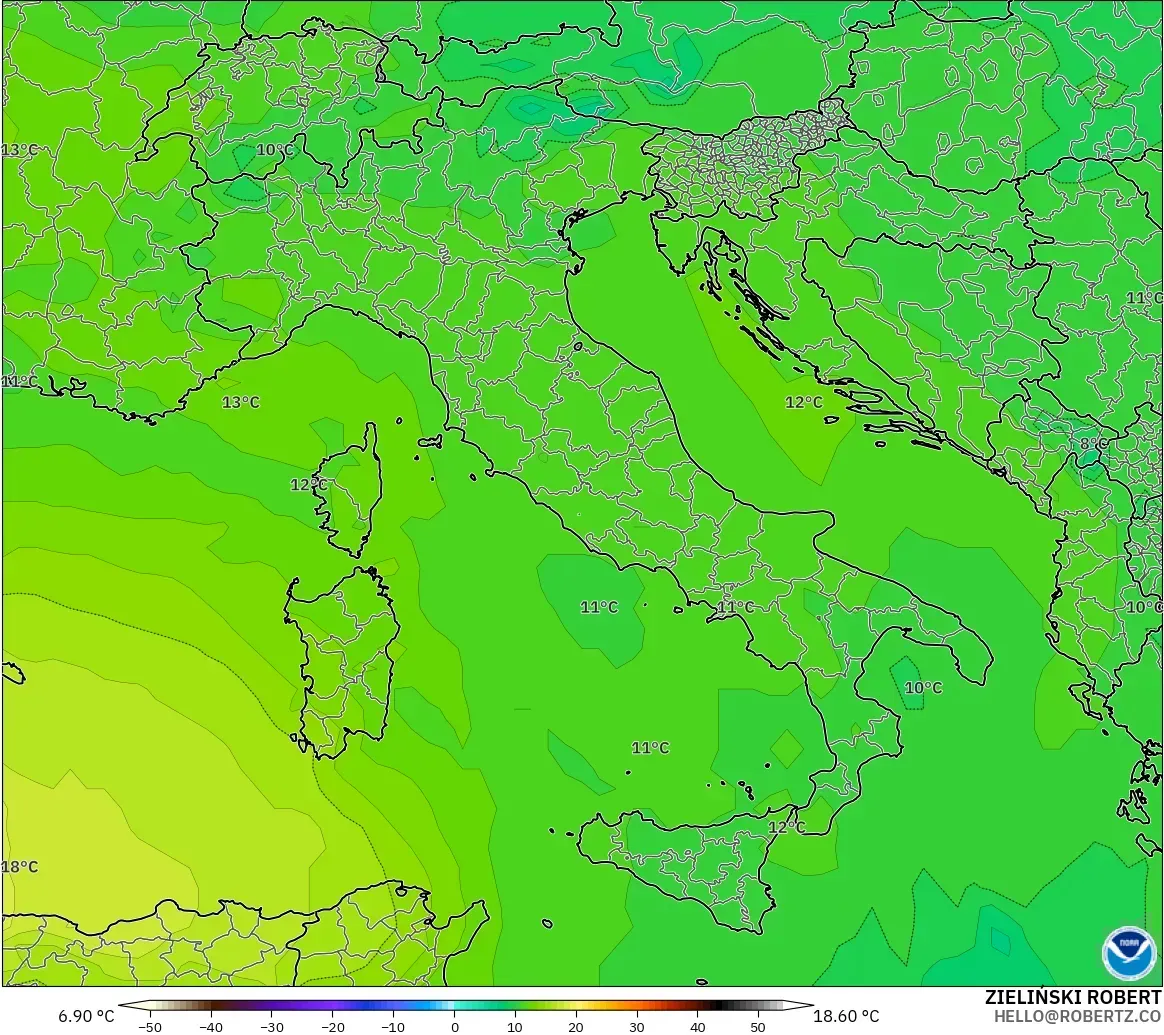 GFS モデル - イタリア, 気温（850hPa）