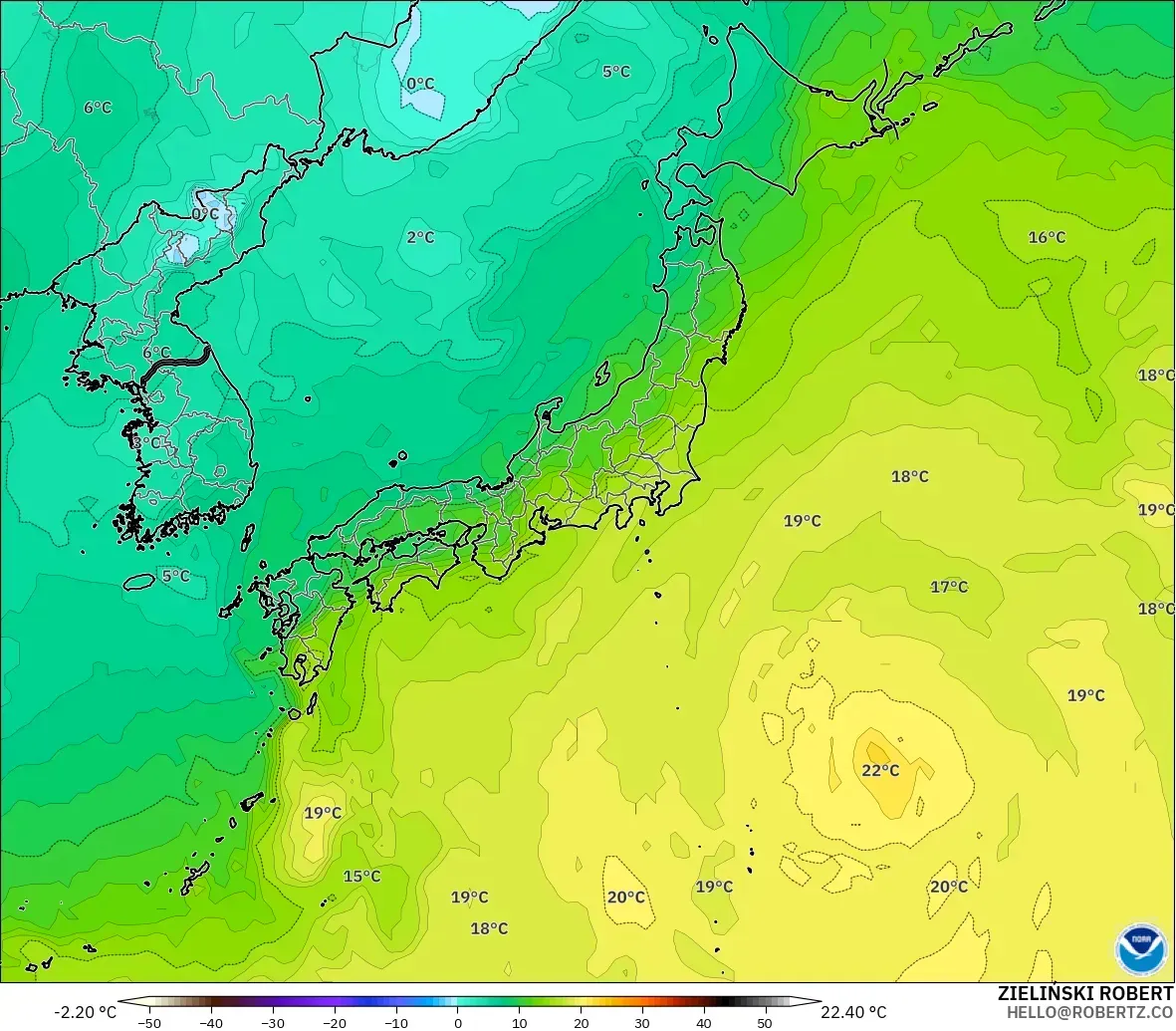 GFS モデル - 日本, 気温（850hPa）