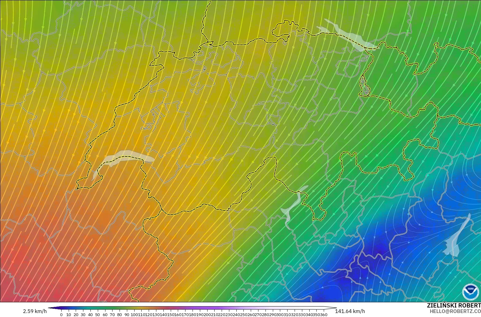 GFS モデル - スイス, 風速（300hPa）