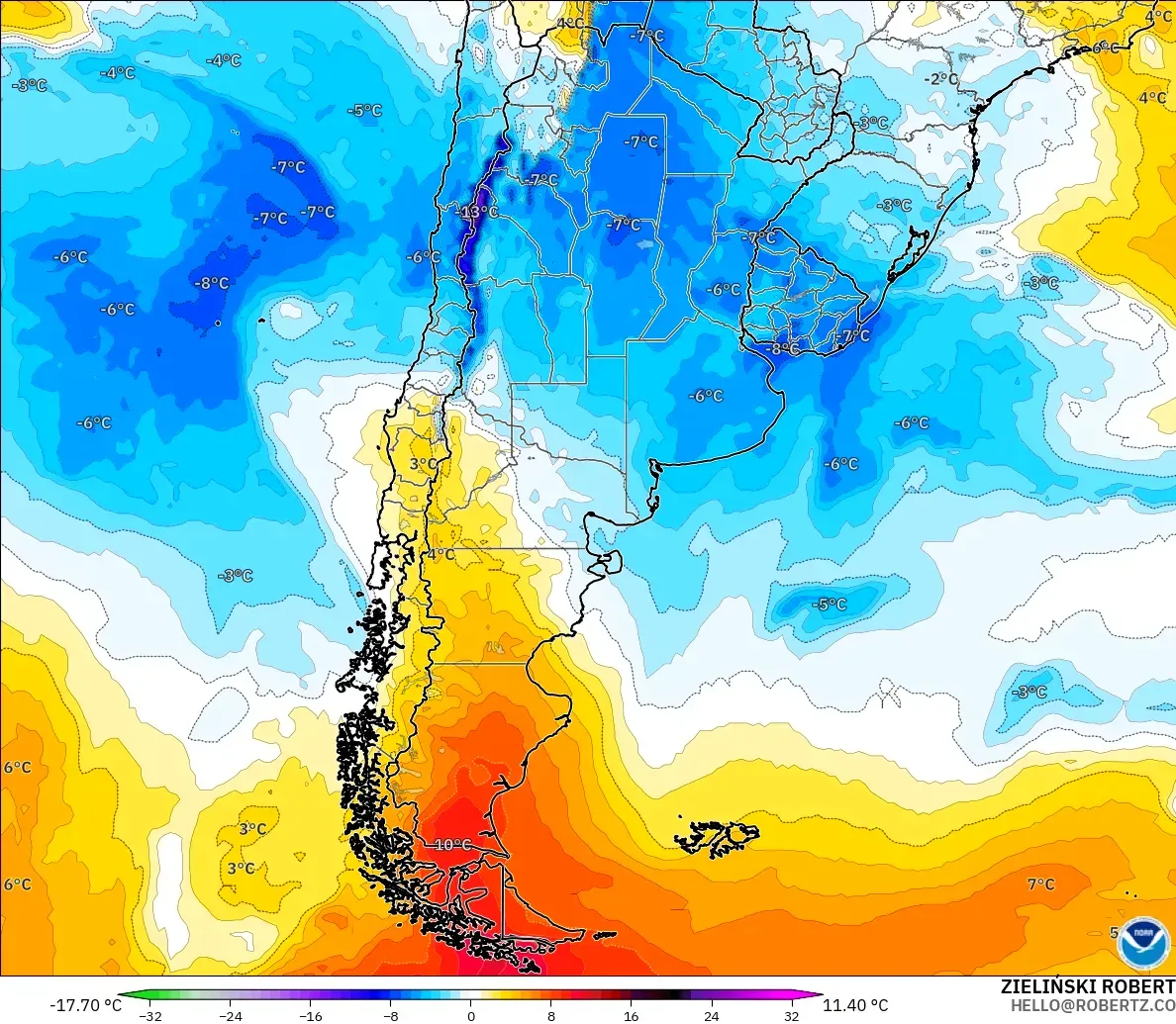 GFS モデル - アルゼンチン, 気温異常（850hPa）