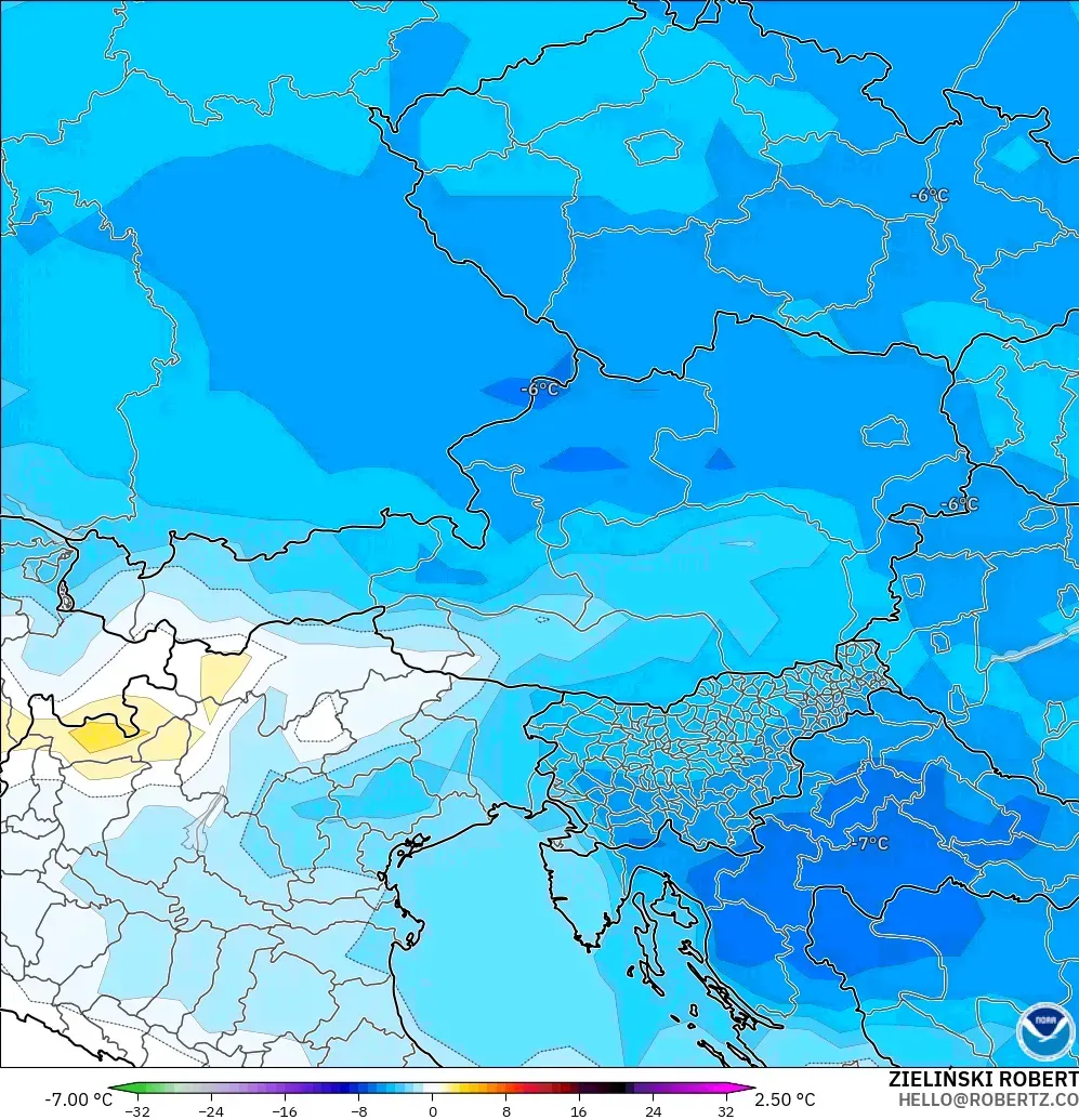 GFS モデル - オーストリア, 気温異常（850hPa）