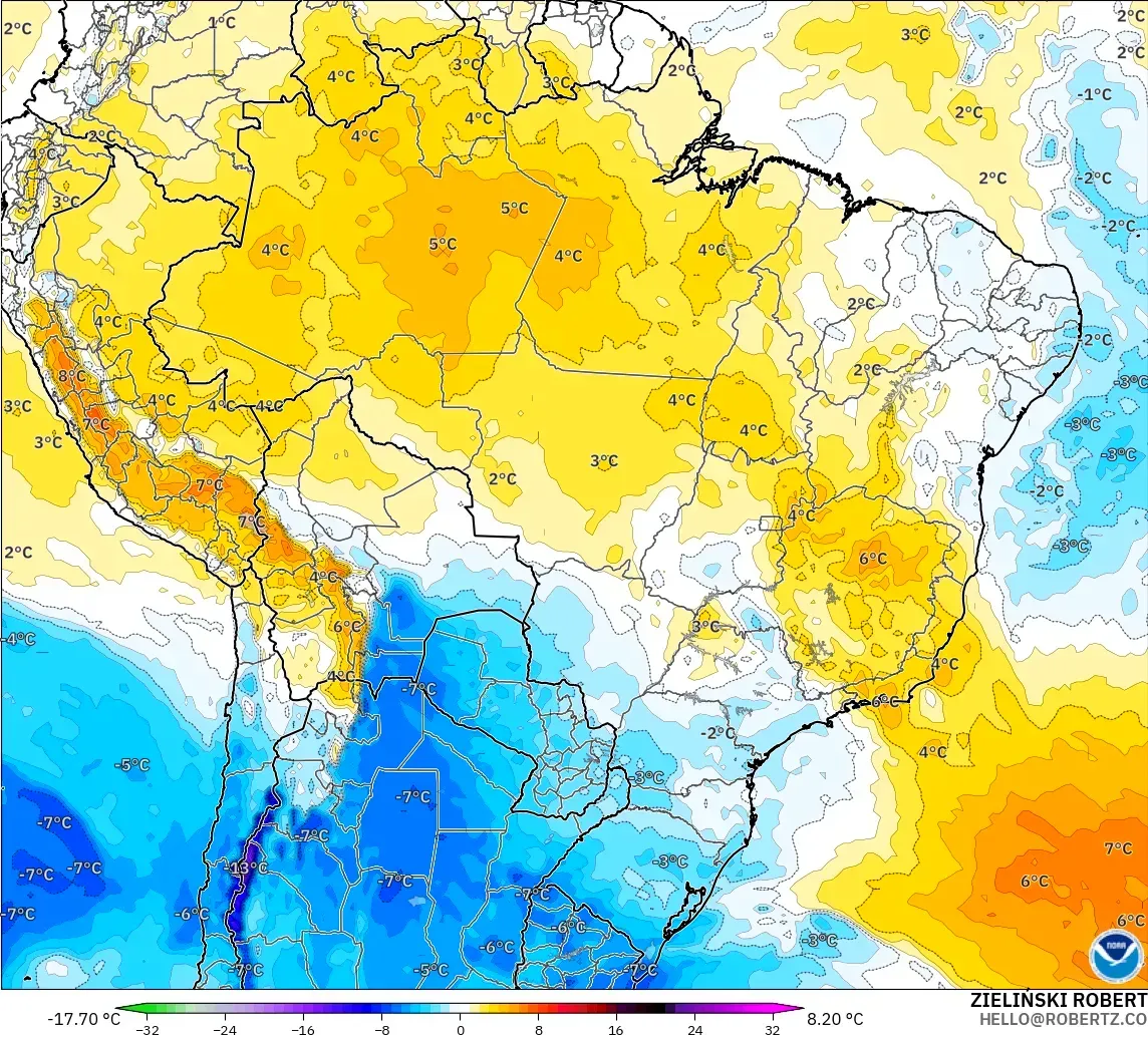 GFS モデル - ブラジル, 気温異常（850hPa）