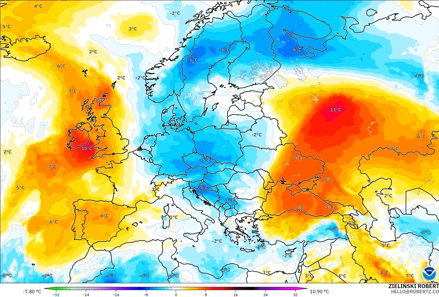 GFS モデル - ヨーロッパ, 気温異常（850hPa）