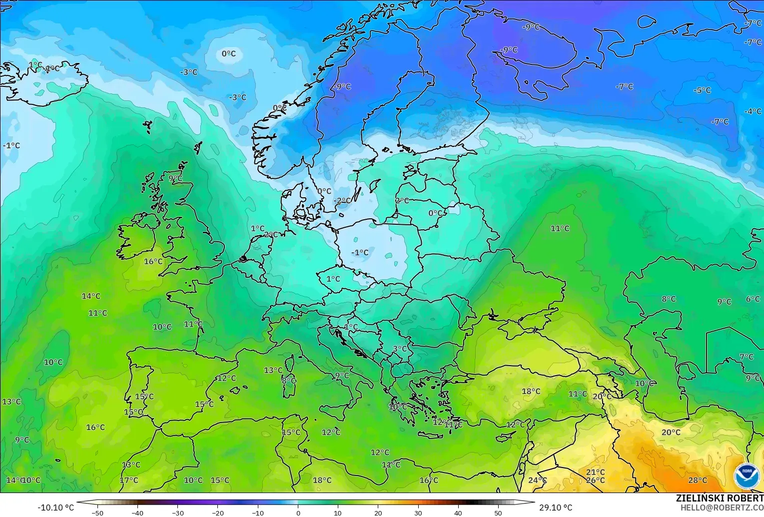 GFS モデル - ヨーロッパ, 気温（850hPa）
