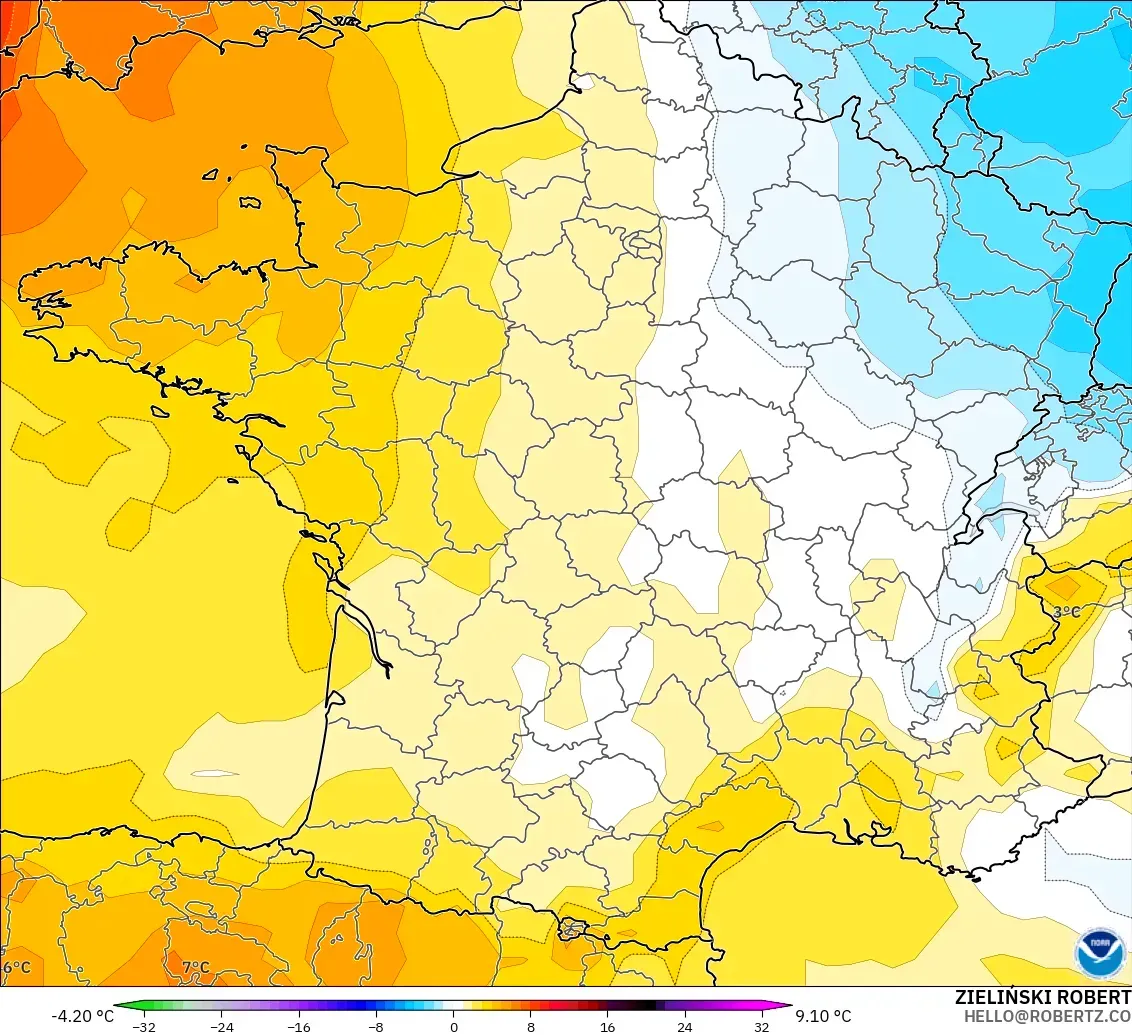 GFS モデル - フランス, 気温異常（850hPa）