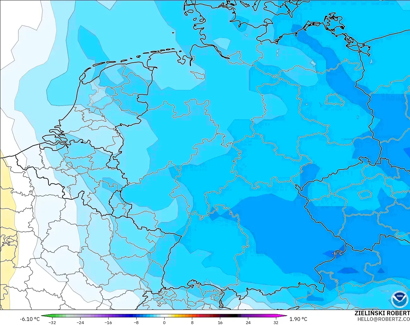 GFS モデル - ドイツ, 気温異常（850hPa）