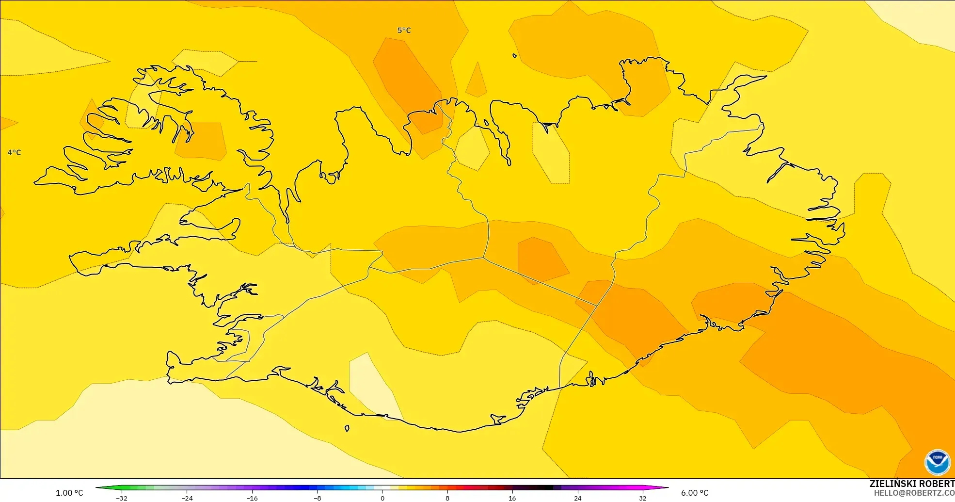 GFS モデル - アイスランド, 気温異常（850hPa）