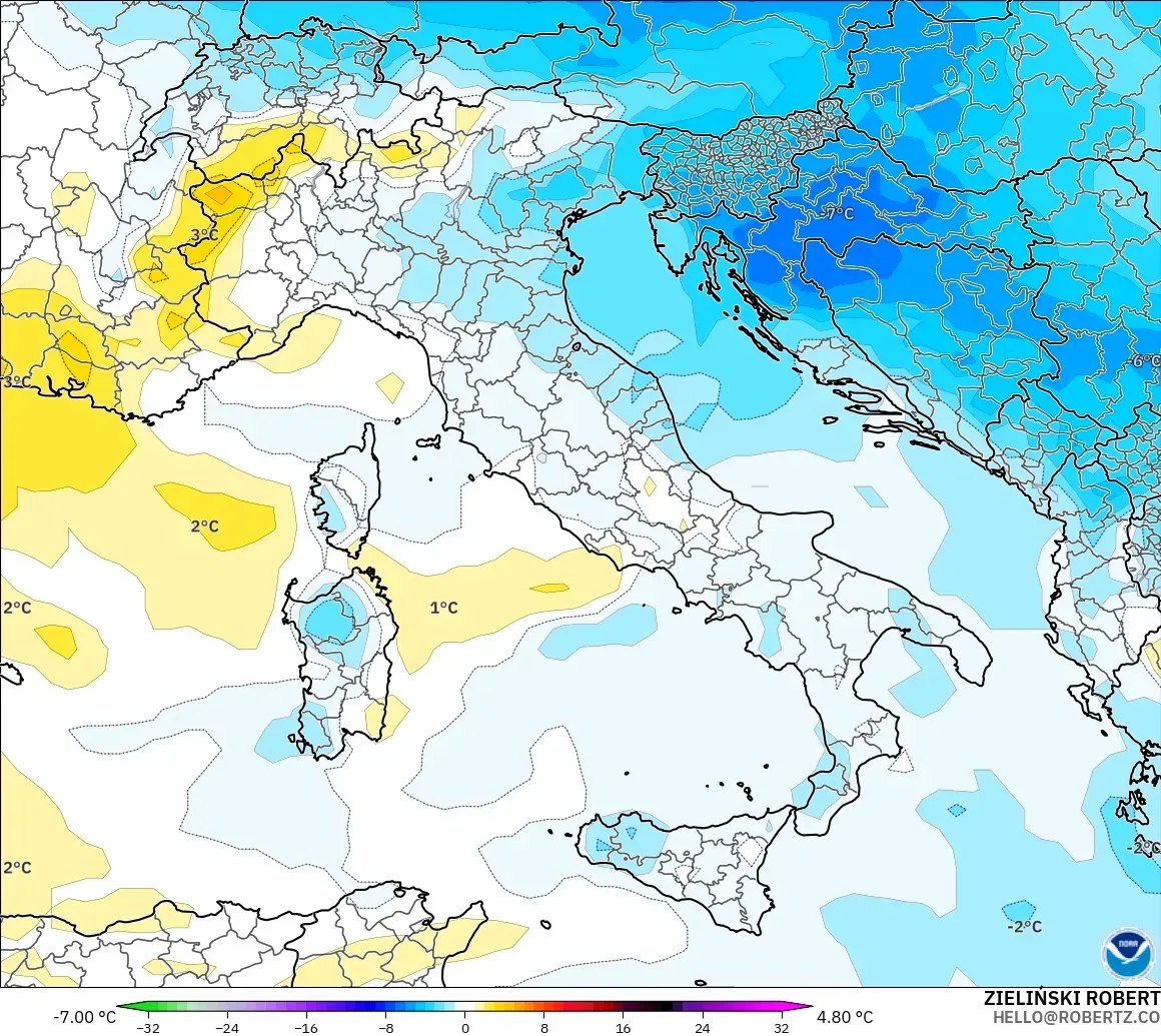 GFS モデル - イタリア, 気温異常（850hPa）