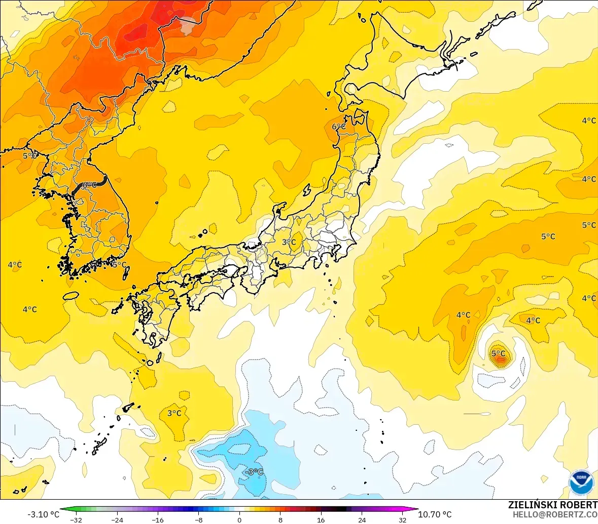 GFS モデル - 日本, 気温異常（850hPa）