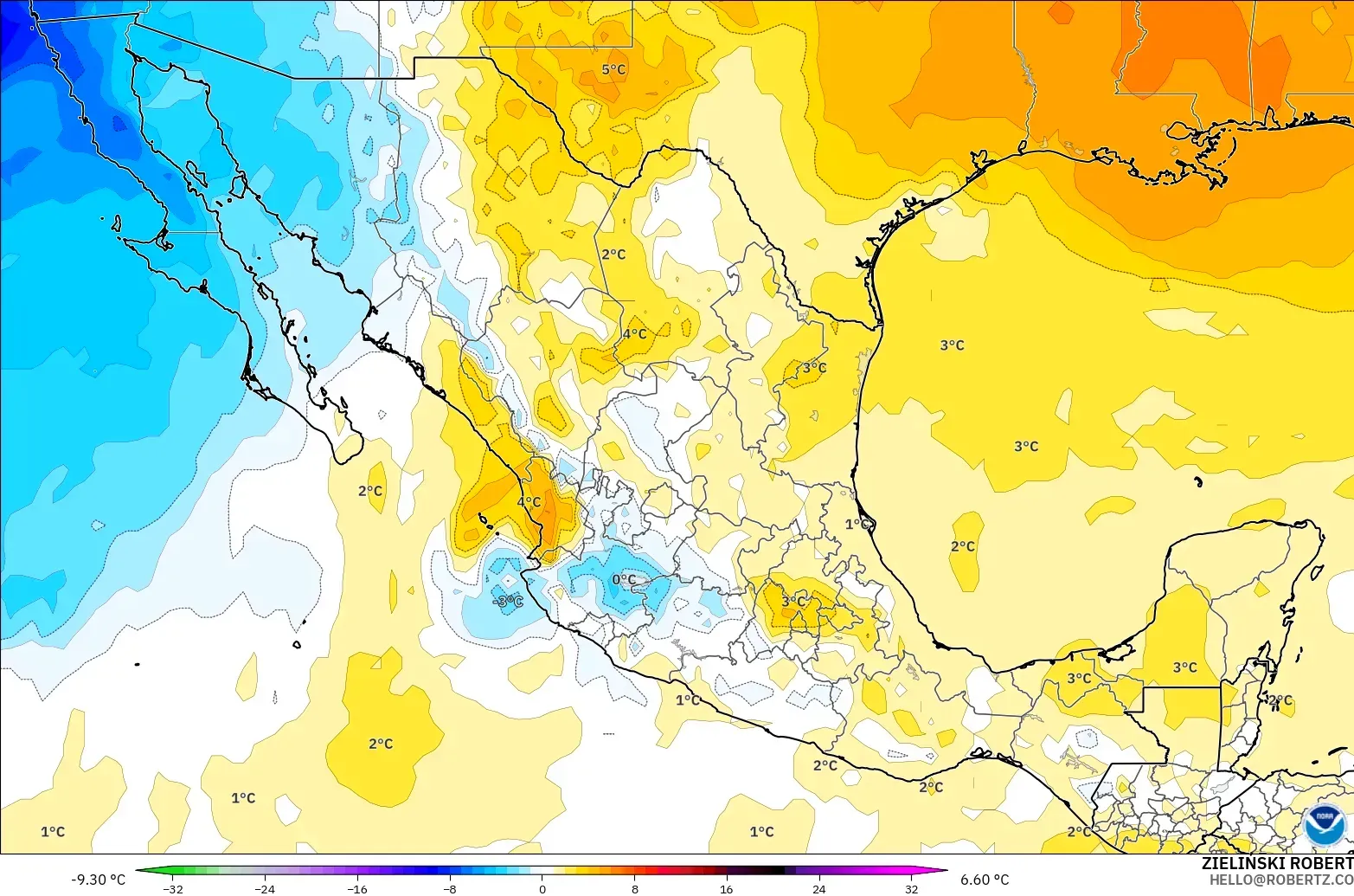 GFS モデル - メキシコ, 気温異常（850hPa）