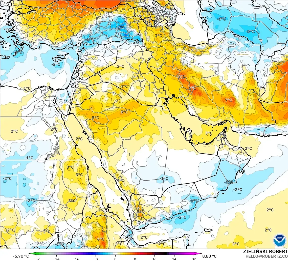 GFS モデル - 中東, 気温異常（850hPa）