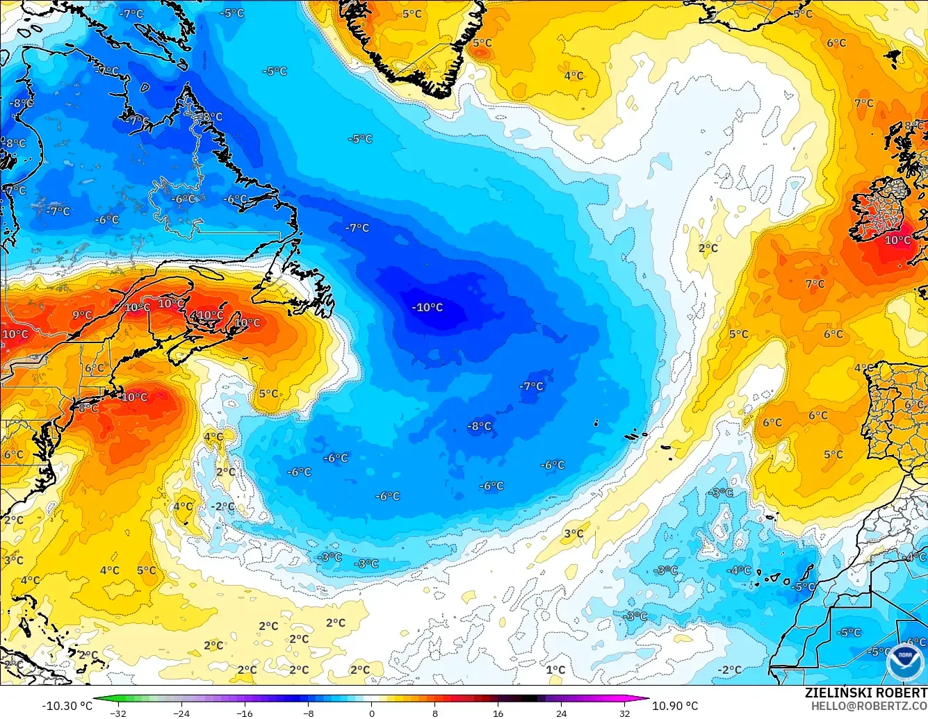GFS モデル - 北大西洋, 気温異常（850hPa）