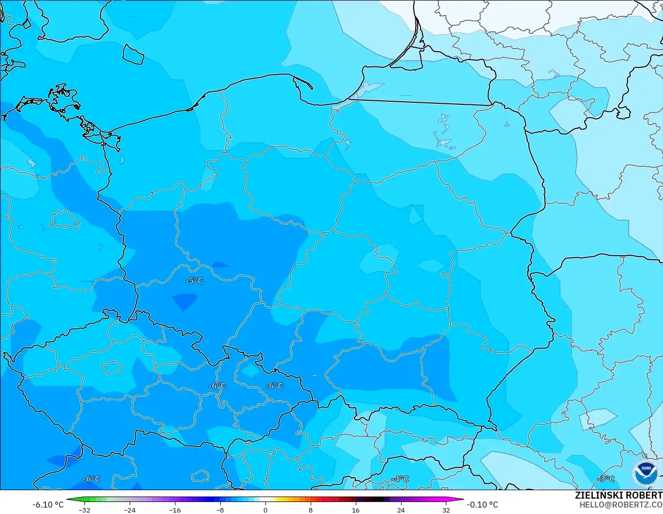 GFS モデル - ポーランド, 気温異常（850hPa）