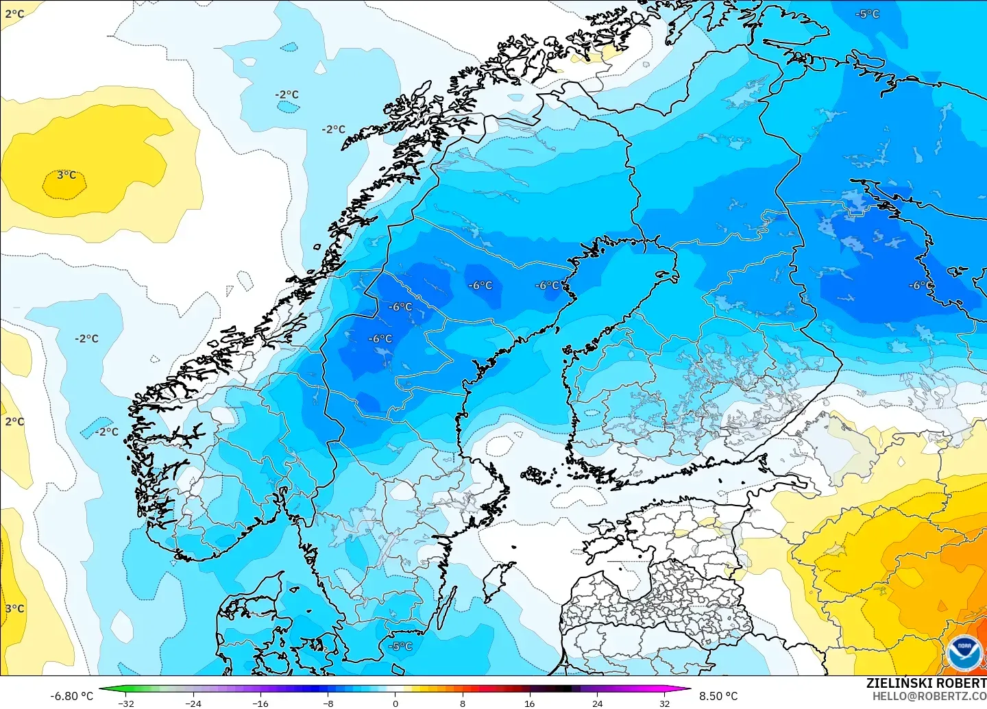 GFS モデル - スカンジナビア, 気温異常（850hPa）