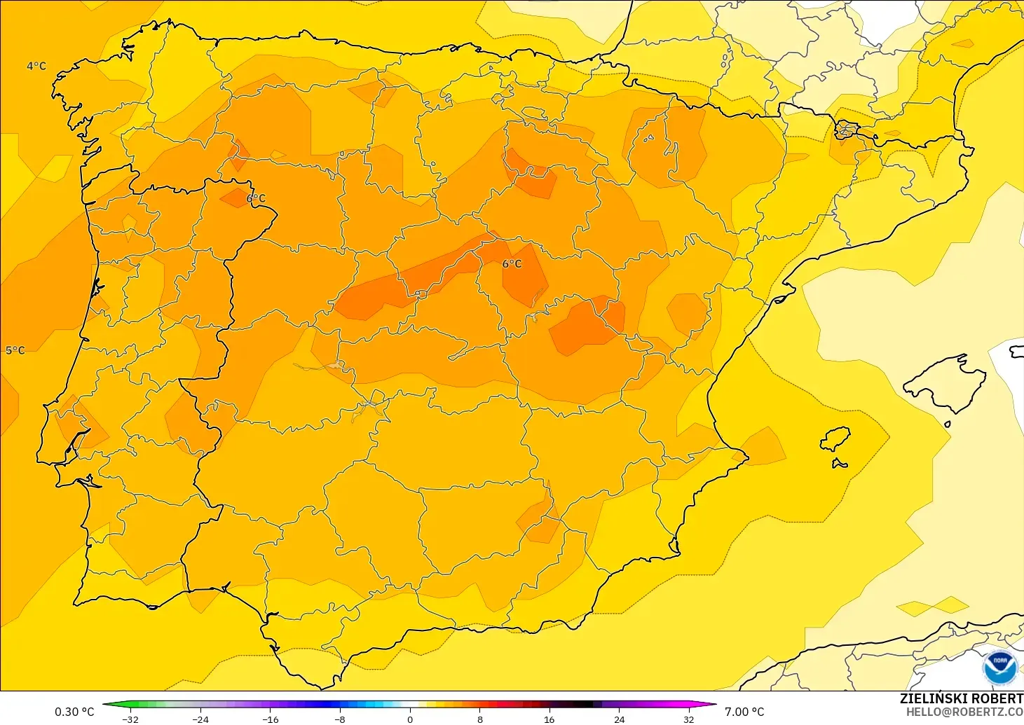 GFS モデル - スペイン, 気温異常（850hPa）