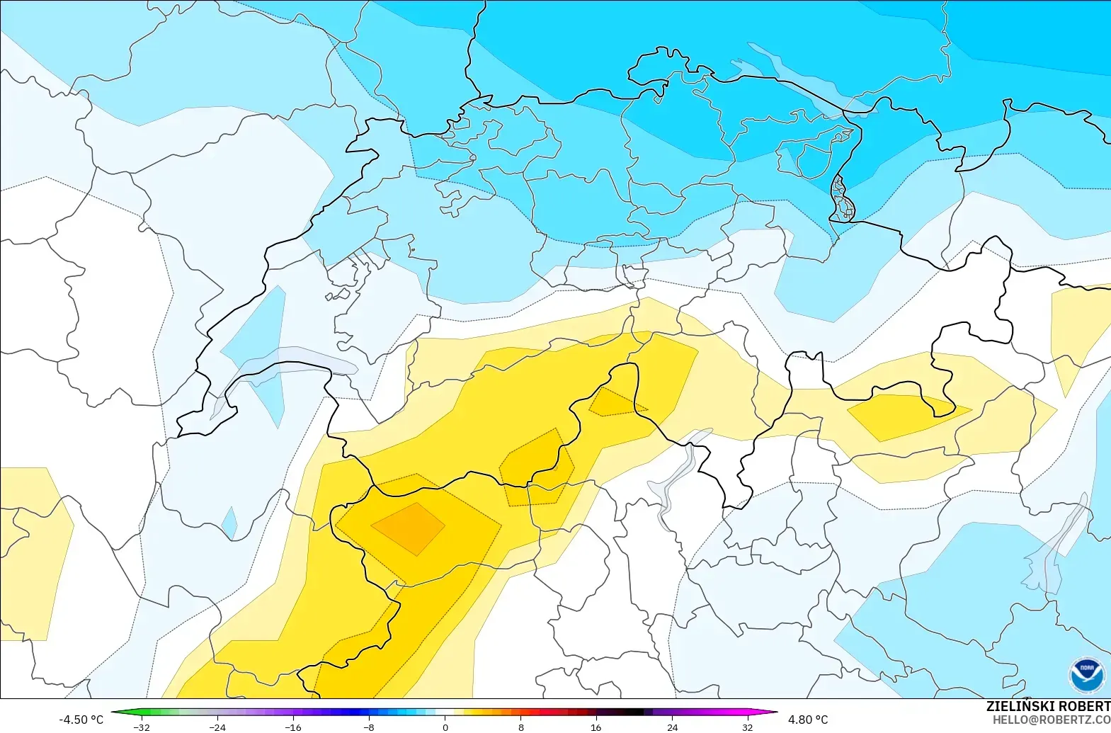 GFS モデル - スイス, 気温異常（850hPa）