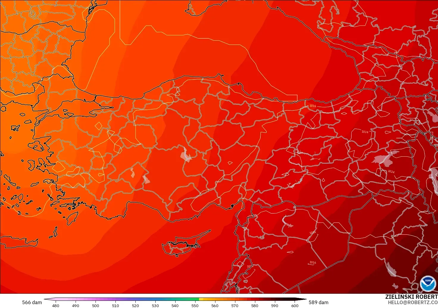 GFS モデル - トルコ, 500hPaのジオポテンシャル高度